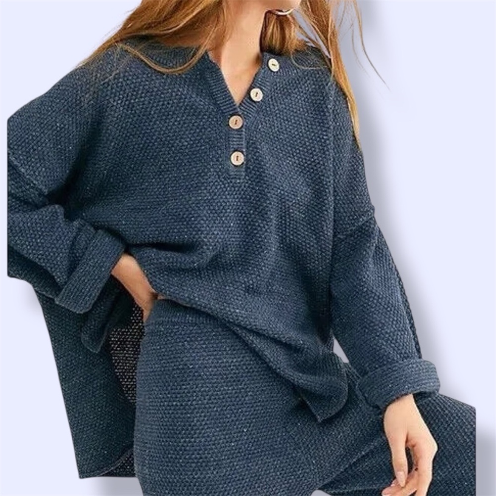FREE PEOPLE BEACH Hailee Waffle Knit Henley Pullover Sweater